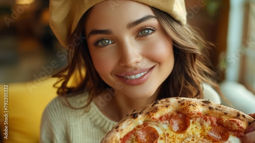 Cute woman wearing a beret eating pizza on a delicious yellow background.