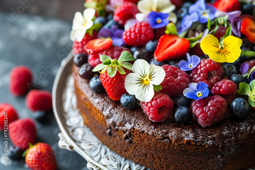 Close-up of a delicious gluten-free chocolate cake made with almond meal, decorated with fresh berries and edible flowers 