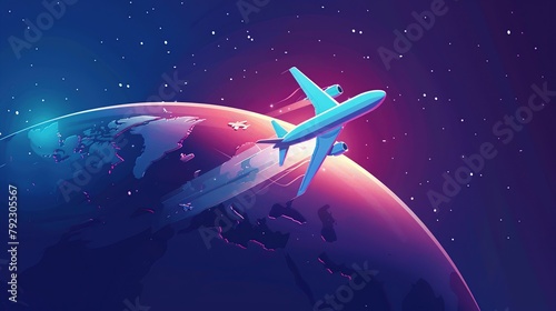 An illustration of a jet airplane with contrails flying around a blue and green planet with a glowing atmosphere against a background of stars.