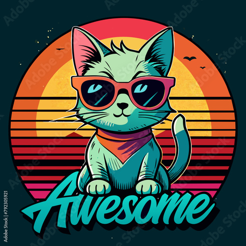 Cat on the beach t-shirt vector illustration, cat wearing glasses