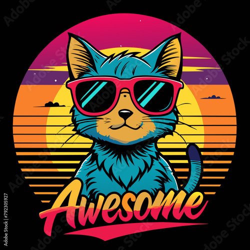 Cat on the beach t-shirt vector illustration, cat wearing glasses