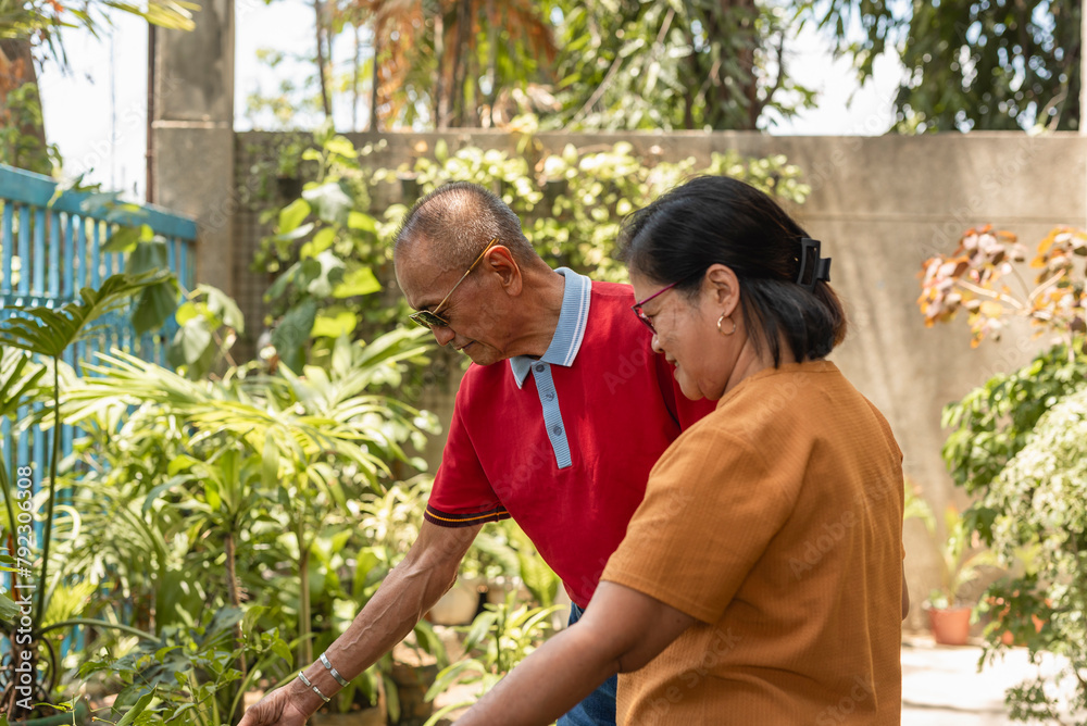 An old couple tend to their garden, admiring the plants. Elderly spouses bonding outside during summer time. An old couple tend to their garden, admiring the plants. Elderly spouses bonding outside during summer time.