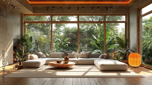 modern interior japandi style design livingroom lighting and sunny scandinavian apartment with plaster and wood d render illustrationillustration image