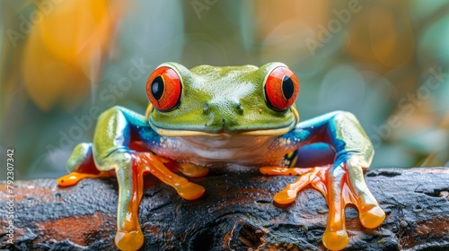 Vibrant Red-eyed Tree Frog (Agalychnis callidryas) found in the lush Costa Rican rainforest, showcasing its captivating emerald body and striking red eyes. photo