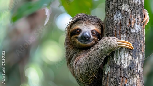 Bradypus variegatus, the brown-throated sloth, is an adorable rainforest inhabitant, known for its funny facial expressions and leisurely tree-branch lounging. photo