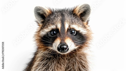 Close-up portrait of a cute and funny raccoon isolated on a white background, showing its playful and curious nature through its expressive eyes and comical facial features.