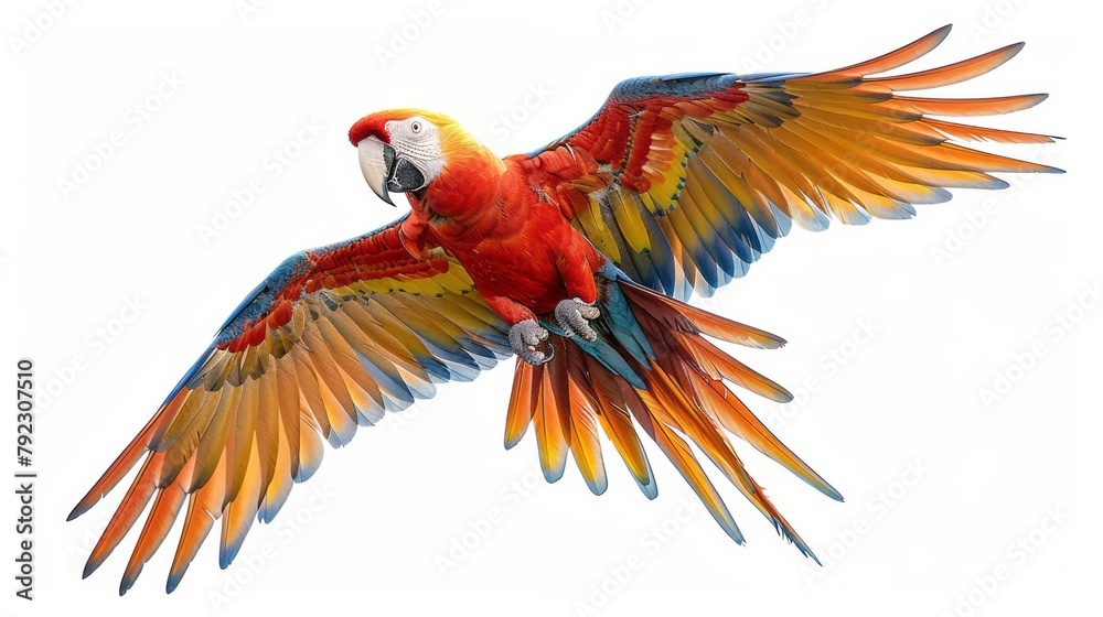 Fototapeta premium Vivid Scarlet macaw parrot with brightly colored plumage and powerful beak, captured in flight against a white background.