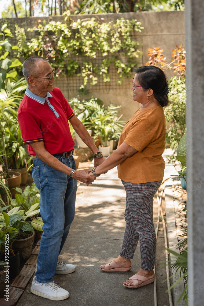 An old happy asian couple holding hands, clearly in love with each