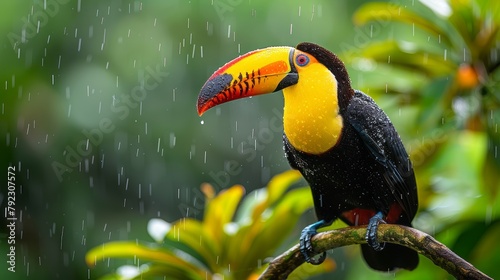 Vibrant chestnut-billed toucan with an open beak perches on a branch in a verdant rainforest, surrounded by lush green jungle foliage.