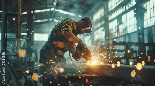 A Worker in heavy industrial engineering factory interior with worker using angle grinder and cutting metal photorealistic studio lighting.