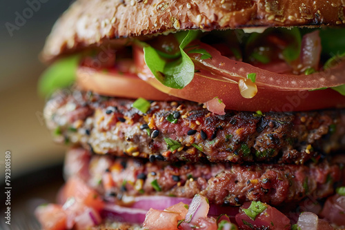 Close-up of a hamburger layered with nutrient-packed ingredients a fusion of taste and health food-grade certified
