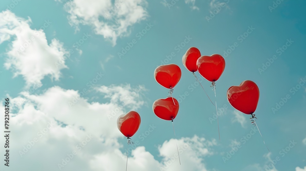 Heart Shape Balloons In The Sky Vintage Aesthetic (Generative AI)