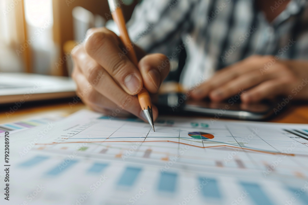 Close-up of a hand drawing a rising graph symbolizing economic growth, global economic reports in the background Close-up of a hand drawing a rising graph symbolizing economic growth, global economic reports in the background