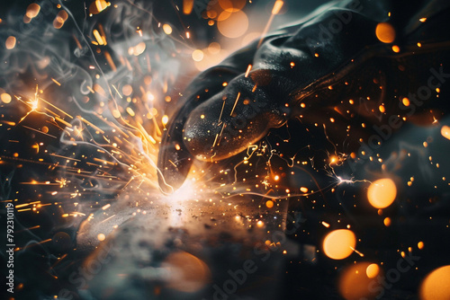 Close-up of a mechanical engineer's hand skillfully welding a complex metal joint, bright sparks flying around