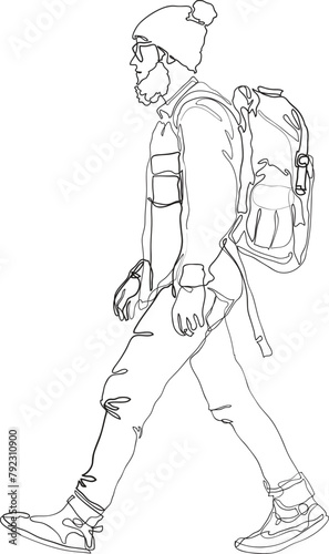 continuous line drawing standing traveler with backpack