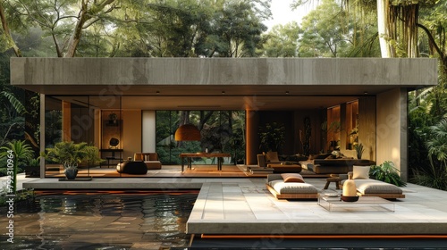 Indoor-outdoor Connection: The living room blurs the line between indoor and outdoor spaces, creating a seamless connection with nature.illustration image