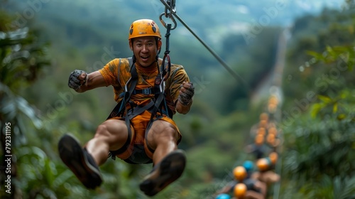 Asian man on extreme outdoor adventure Zip through the forest on an exciting zipline.