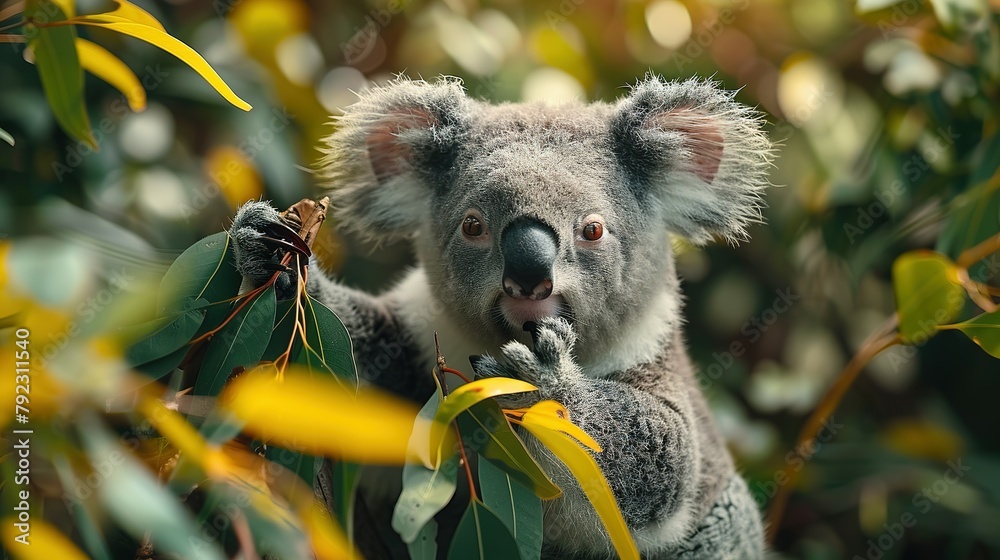 Fototapeta premium Koala Zen: Tree Lounge and Leaf Munch in 4K Beauty