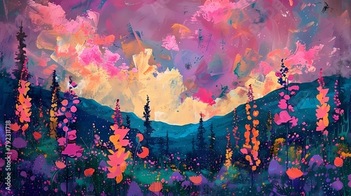 flower field and pink clouds illustration poster web background © jinzhen