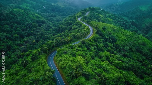 aerial top view beautiful curve road on green forest in the rain season,art photo