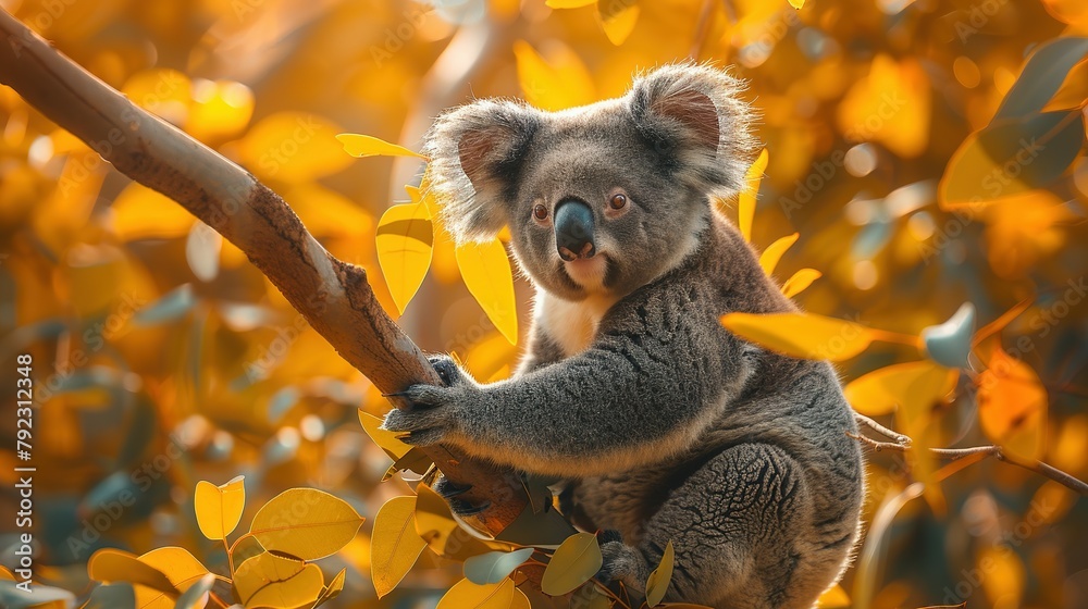 Fototapeta premium Koala Bear Sit On The Branch of the tree and eat leaves 4K Wallpaper
