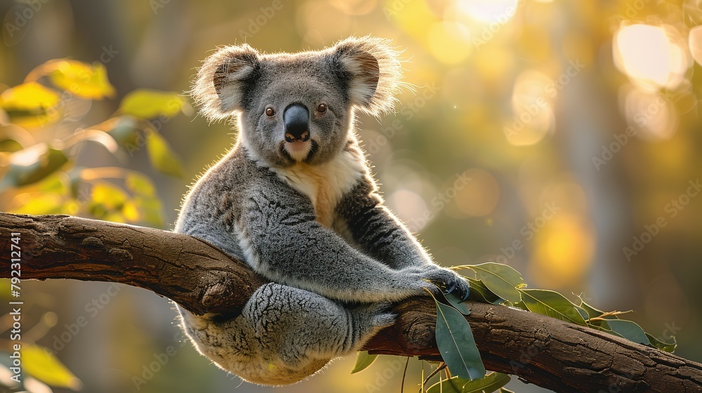 Naklejka premium Majestic Koala: Tree Perch and Leaf Feast - 4K Background