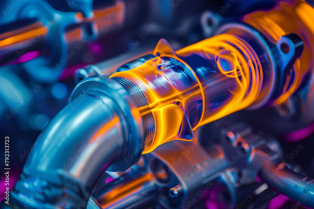 Close-up of a thermal camera image showing heat distribution in an engine, highlighting principles of thermodynamics Close-up of a thermal camera image showing heat distribution in an engine, highlighting principles of thermodynamics