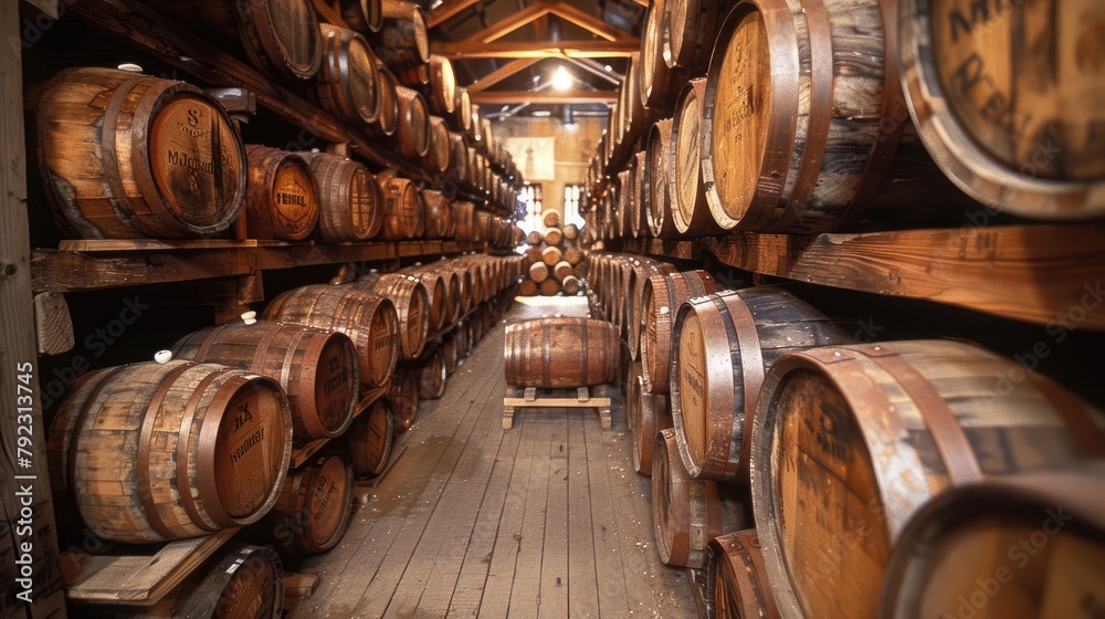 whiskey bourbon scotch barrels in an aging facility,art photo