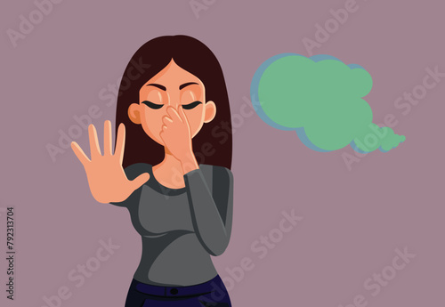 Unhappy Woman Making Stop Gesture Sensing Bad Odor Vector Illustration. Girl sensing a strange and awful odor from pollution  
