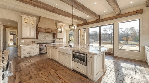 traditional kitchen in beautiful new luxury home with hardwood floors wood beams and large island quartz counters includes farmhouse sink elegant pendant lights and large windows stock image