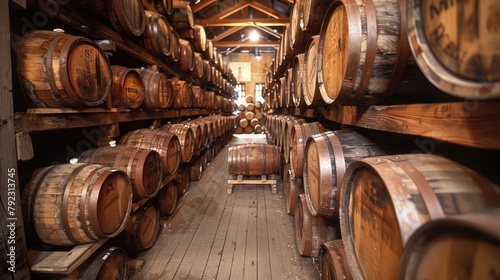 whiskey bourbon scotch barrels in an aging facility,art photo photo
