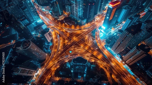 expressway top view road traffic an important infrastructure car traffic transportation above intersection road in city night aerial view cityscape ,art illustration