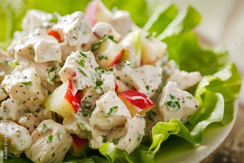 Apple topped chicken salad on lettuce