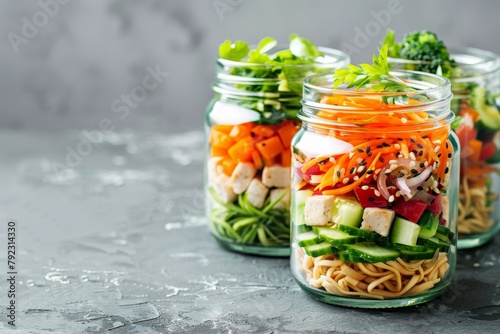 Asian salad with noodles veggies chicken tofu in jars Grey background Blank space