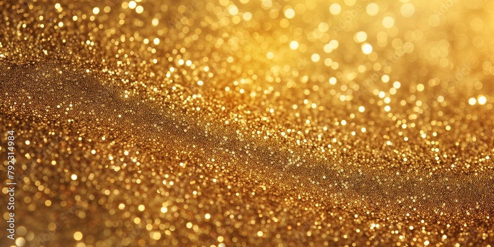 gold glitter particles flow texture background. twinkled bright bokeh golden sparkling lights for holiday seasonal wallpaper decoration, greeting and wedding invitation card design element