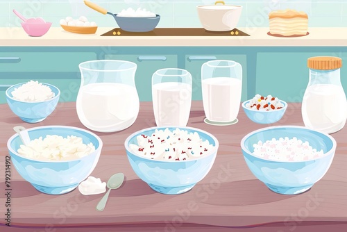 Stepbystep process of making yogurt at home displayed on a kitchen table, from boiling milk to adding live cultures and the final product photo