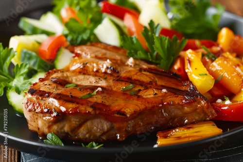 Bone in pork steak grilled with honey glaze served with vegetable salad on a plate