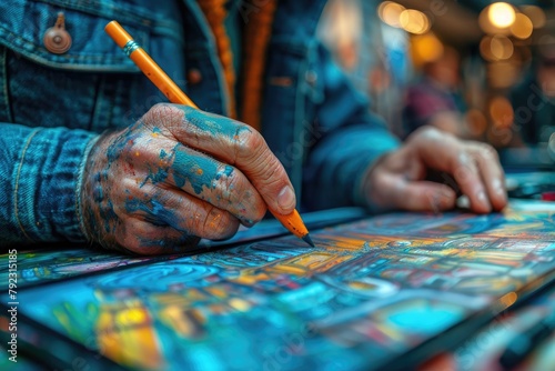 Macro shot of a digital artist using a stylus on a graphics tablet, blending creativity with cutting-edge technology