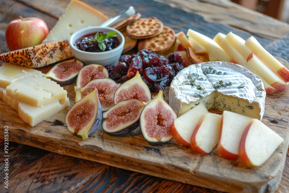 Cheese board with blue cheese figs cheddar apple and jam