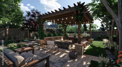 A rendering of an outdoor living space with a wooden pergola, seating area and fire pit, surrounded by lush green grass. The canopy is covered in string lights hanging above the sofa set © Kien