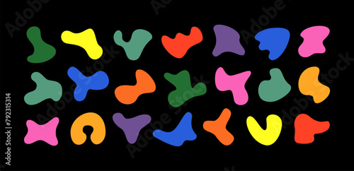 Set of vector contemporary childish amoeba shapes. Free form design elements kit. Liquid shapes for collage in vibrant colors on black. Matisse-inspired abstract organic fluid biology freeform pattern