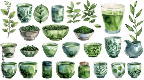 watercolor matcha green tea elements leaves objects isolated on clear png background various japan matcha leaf plant morning drinks delicious beverages clipart set with stock photo photo
