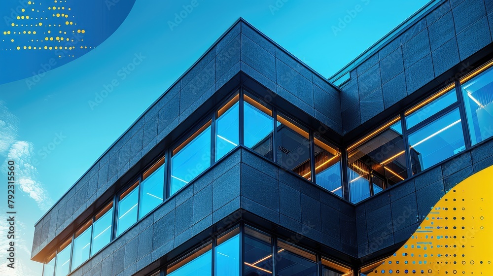 Obraz premium graphite facade and large windows on a fragment of an office building against a blue sky modern aluminum cladding facade with windows stock photo