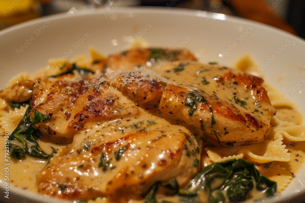 Chicken and farfalle with spinach in a Parmesan sauce Chicken and farfalle with spinach in a Parmesan sauce
