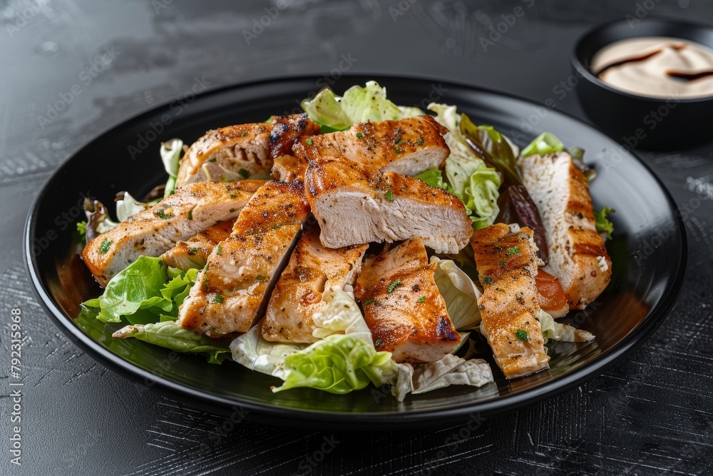 Chicken Caesar salad on dark dish