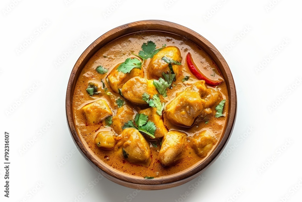 Chicken Korma on white background Indian meat curry with coconut milk and spices Chicken Korma on white background Indian meat curry with coconut milk and spices