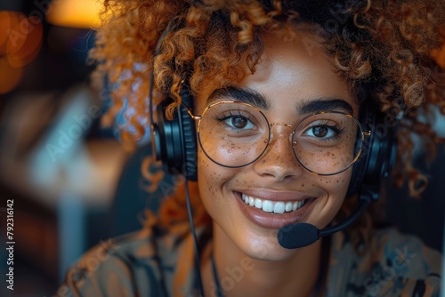 Zoomed-in on an employee wearing a headset, smiling as they assist a customer over the phone, symbolizing friendly service photo
