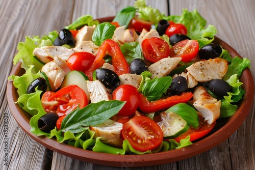 Chicken salad with cherry tomatoes red pepper black olives leek lettuce and fresh basil on a bright wooden background