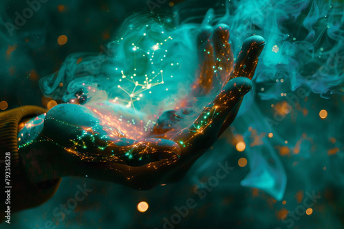 Closeup of an aliens hand holding a glowing futuristic weed pipe smoke forming constellations around it