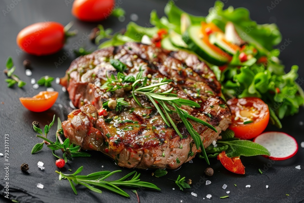 Close up image of a tasty and healthy meal grilled steak with salad and herbs